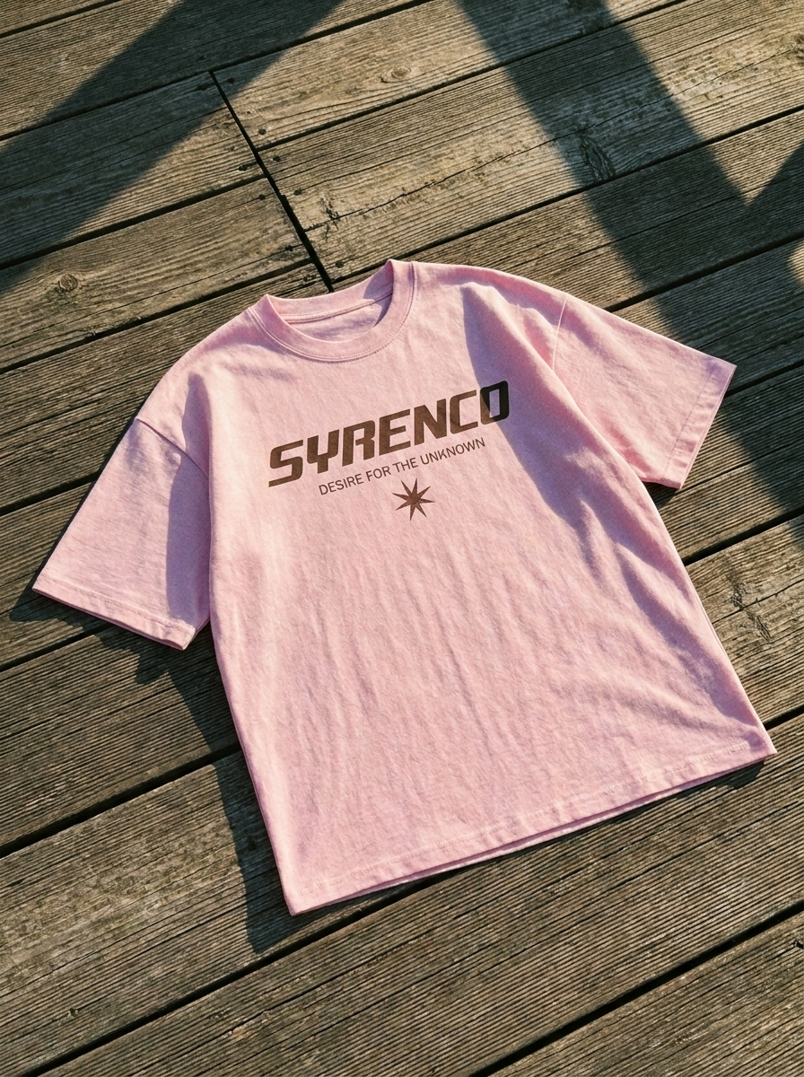 SYRENCO Desire For The Unknown Tee Pink — front graphic, flat lay