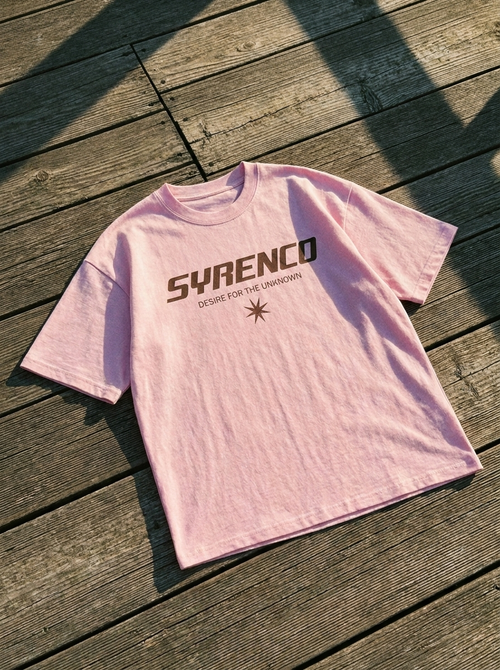SYRENCO Desire For The Unknown Tee Pink — front graphic, flat lay